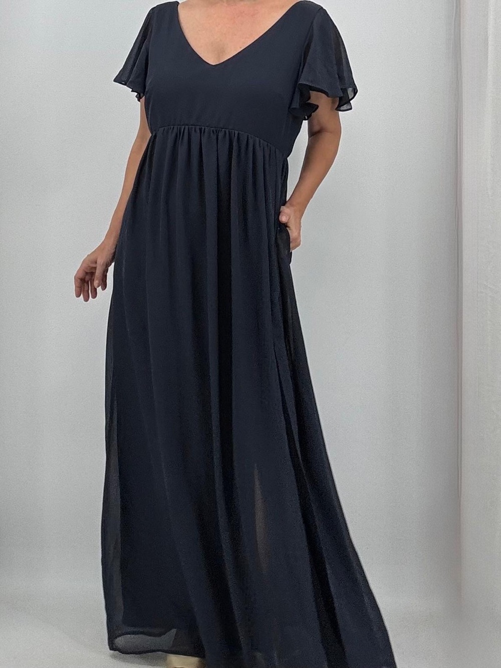 Birdie Grey Hannah Chiffon Flutter Sleeve Navy Blue Bridesmaid Wedding Gown - Picture 1 of 10
